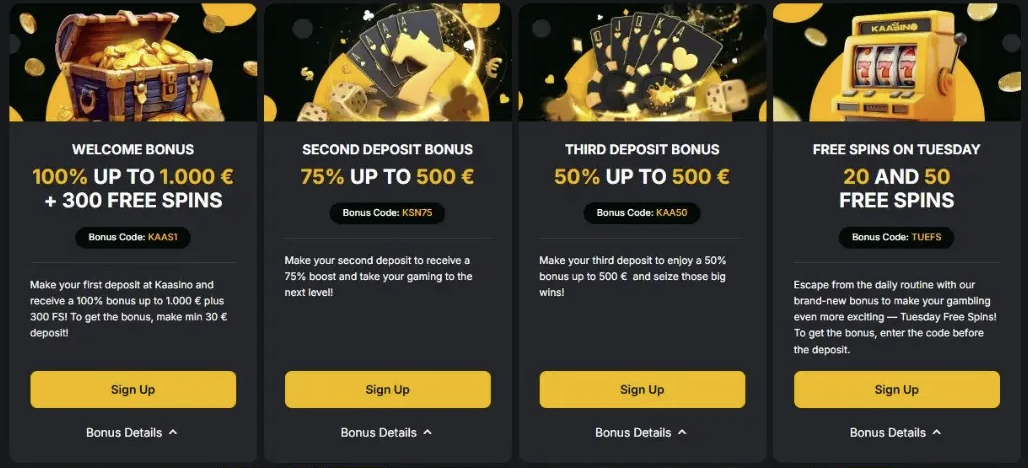 Bonussen in de Kaasino Casino-app 